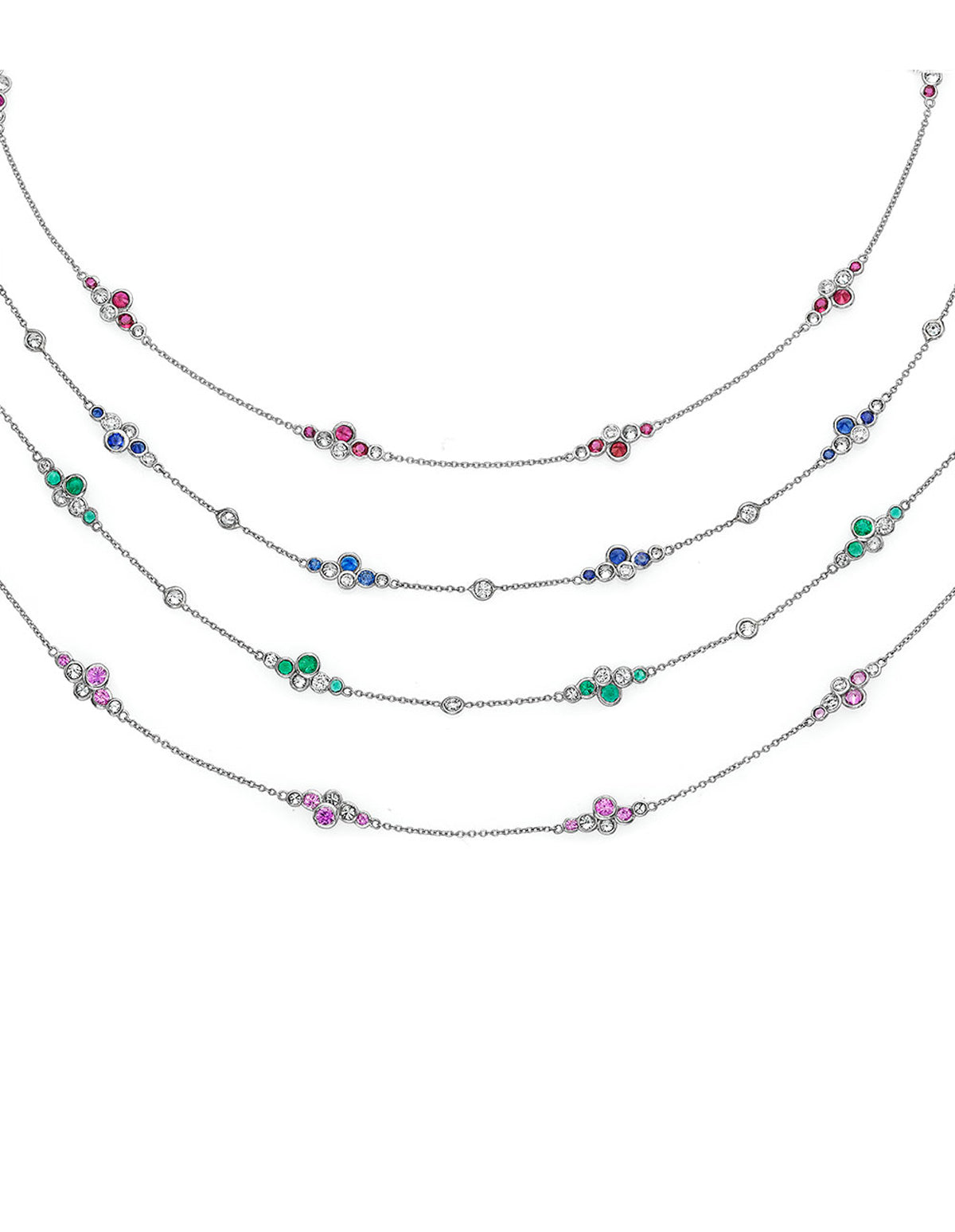 Platinum necklaces featuring ruby, sapphire, emerald and diamond necklaces by fine jeweler, Chicago's Lester Lampert.