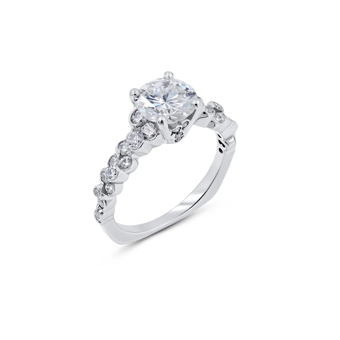 CumuLLus Collection diamond engagement ring with 1.5ct round brilliant center in platinum cascading ideal cut bezel diamonds