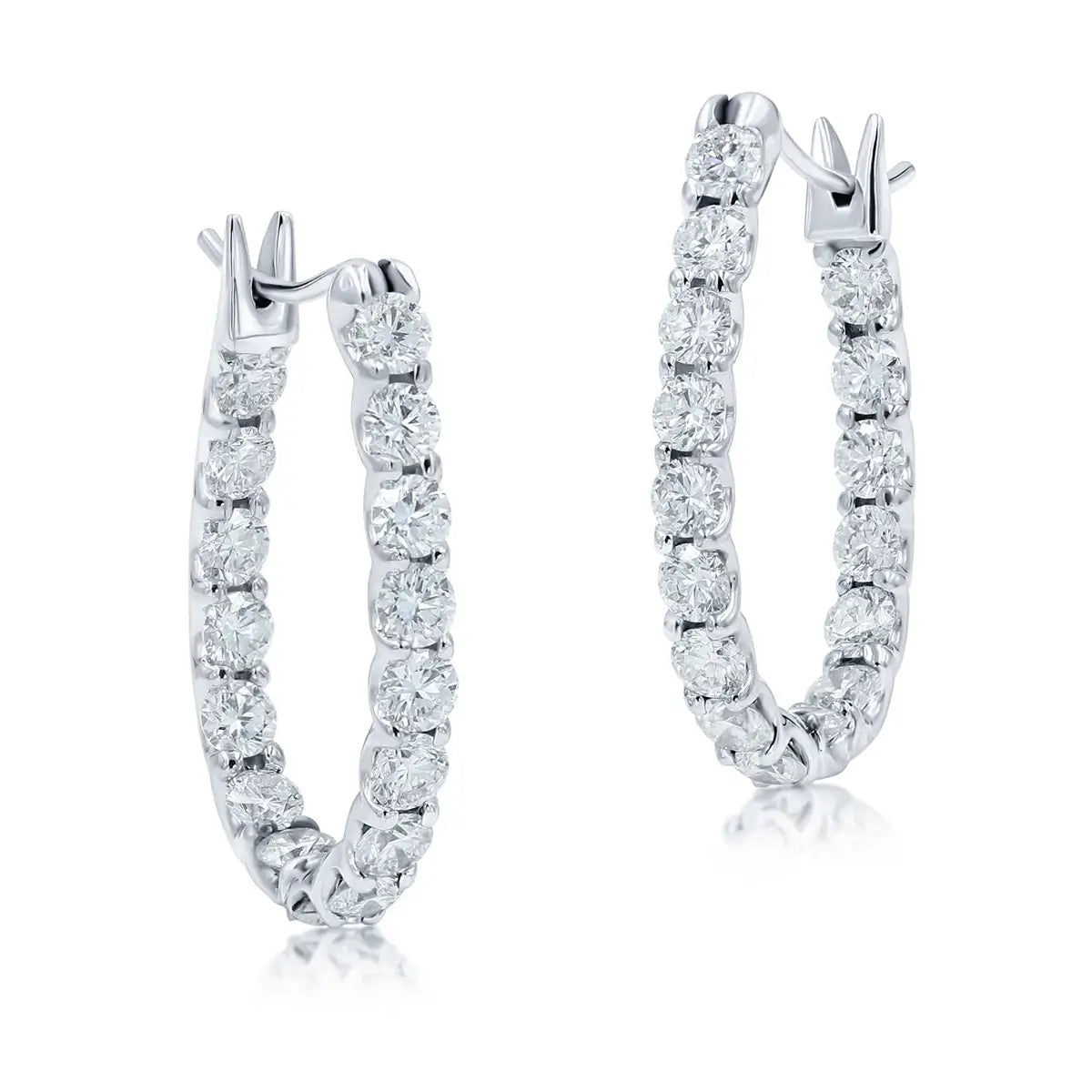 18k white gold elongated small SkaLLop hoop earrings with 32 ideal-cut natural diamonds, 3.83 ctw, F-G/VS