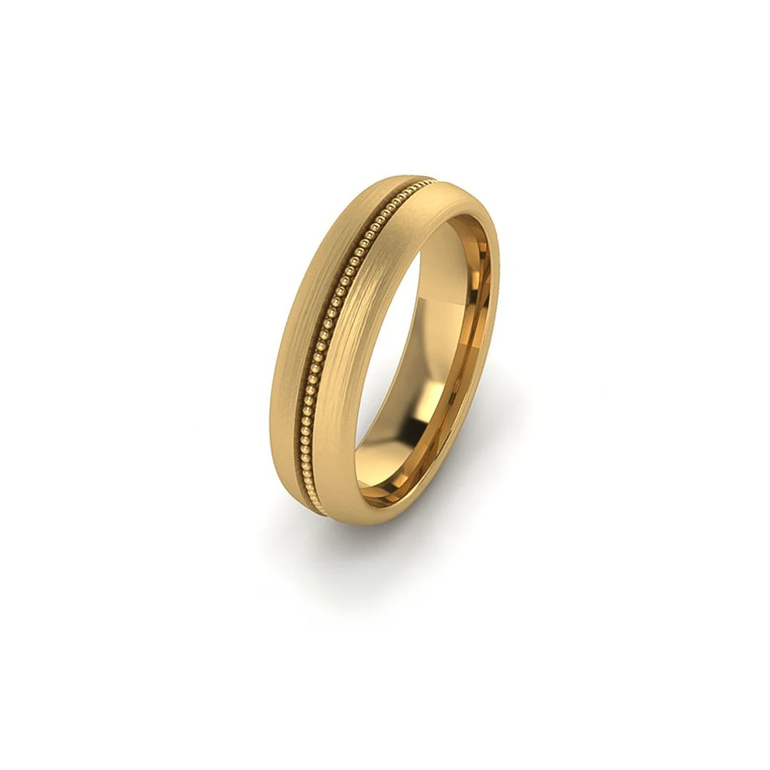 Beaded Center men's wedding band with hand-carved beading, brushed gold or platinum finish, by a Chicago jeweler