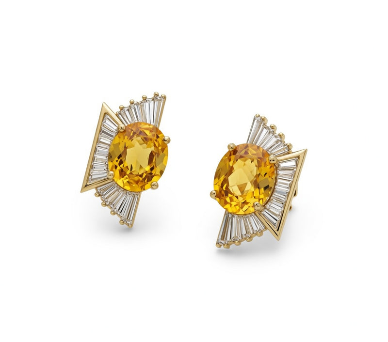 Earrings with golden-yellow oval stones and baguette diamond fans
