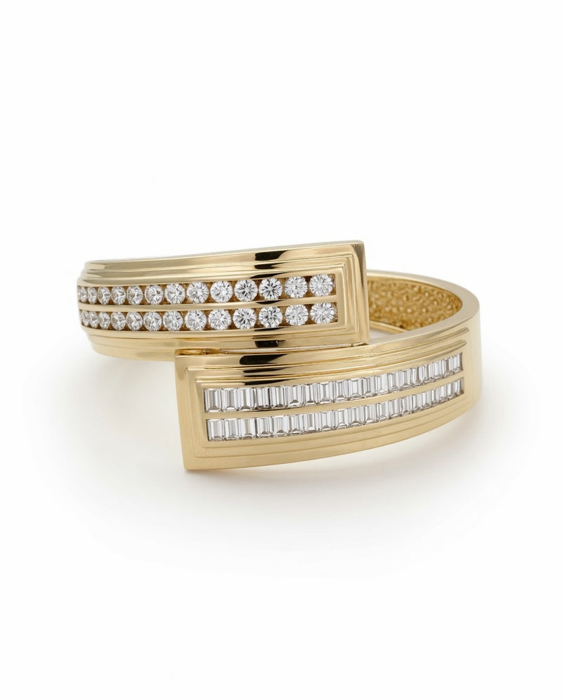 Gold wrap cuff with one row of round diamonds and one of baguettes