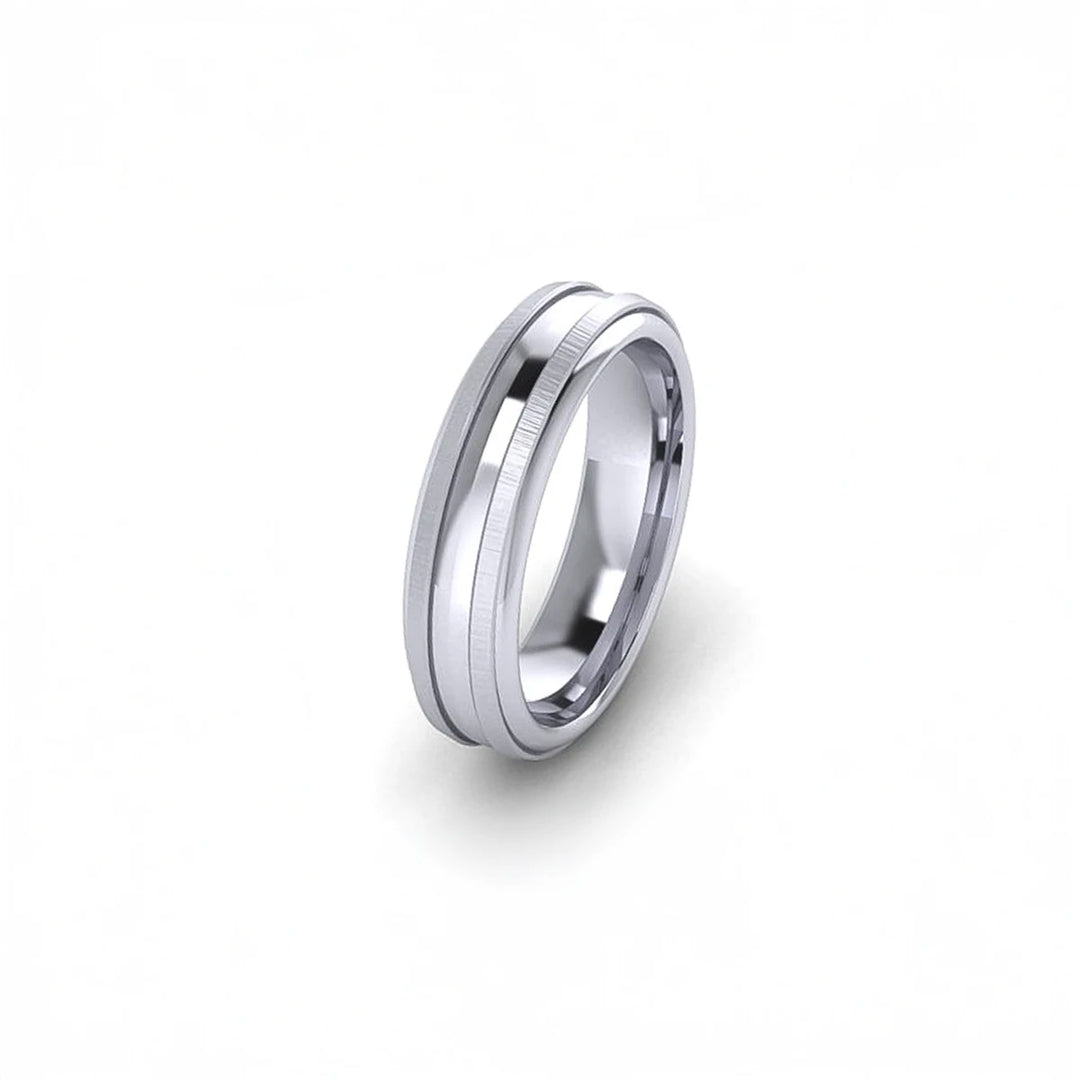 Chanel Cut men’s wedding band in gold or platinum with multi-level design and subtle center channel for sleek, classic style