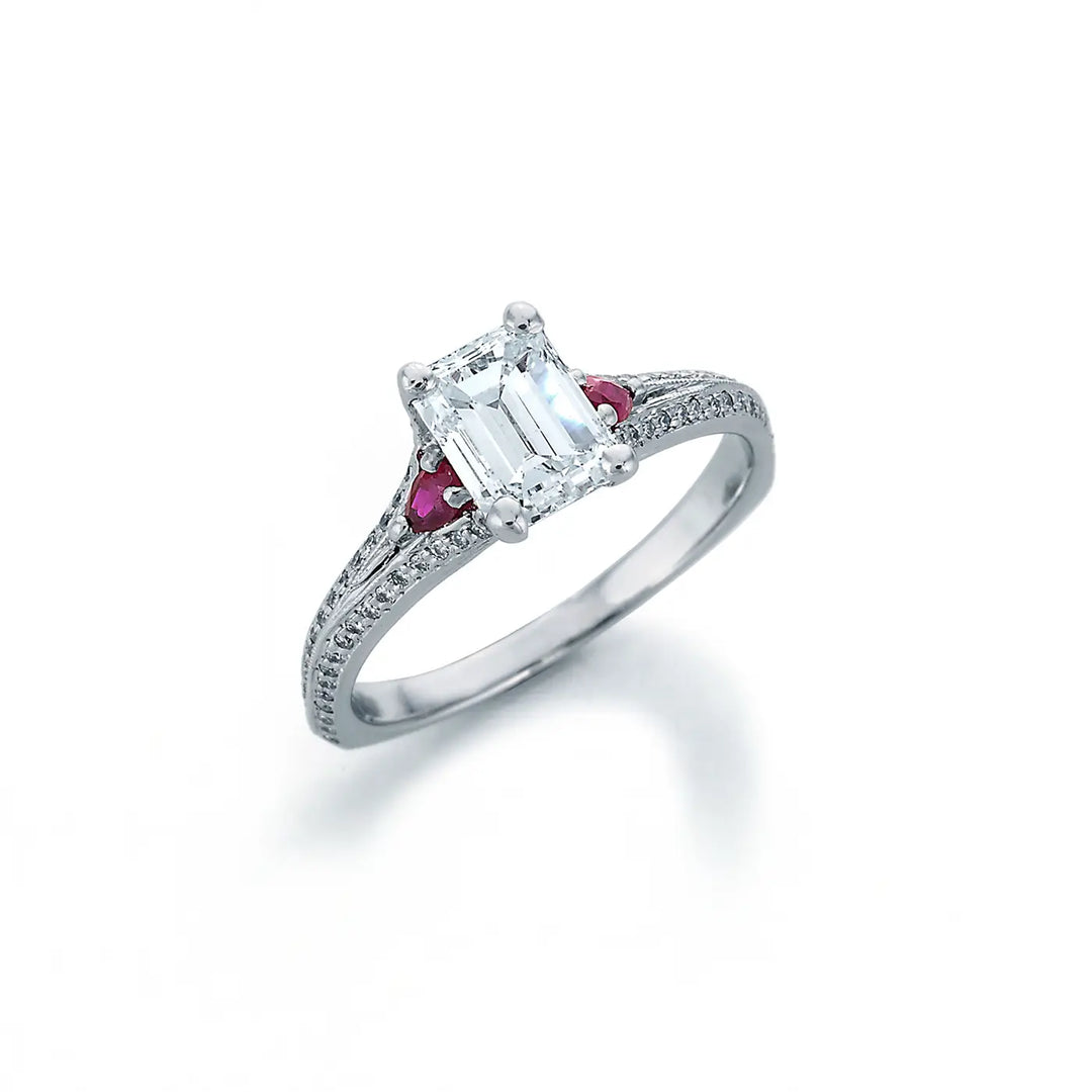 Emerald cut Center & Ruby Accent Engagement Ring