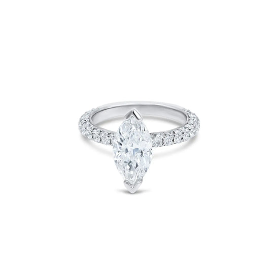Custom marquise diamond pavé engagement ring with delicate pavé band, handcrafted elegance and brilliant sparkle