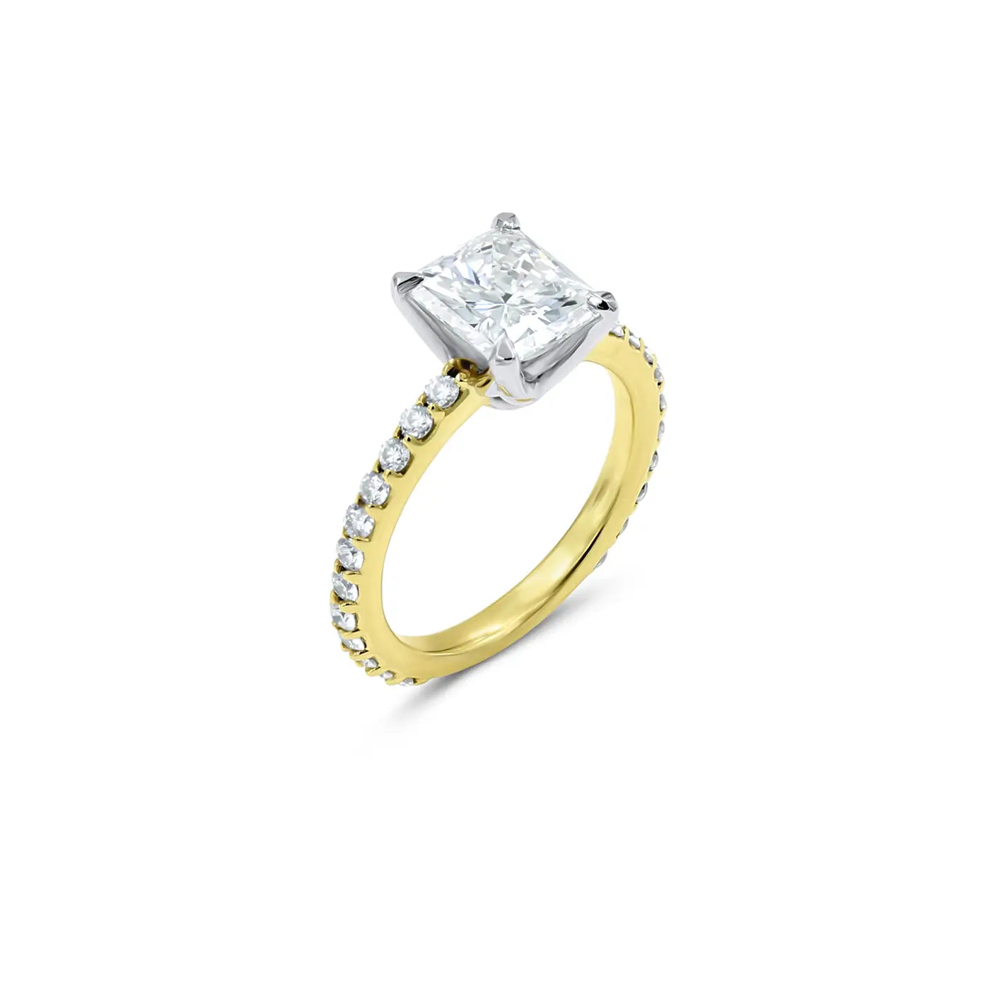 Two-tone platinum & 18K yellow gold D-Bead diamond engagement ring with radiant center and ideal-cut band by Chicago jeweler