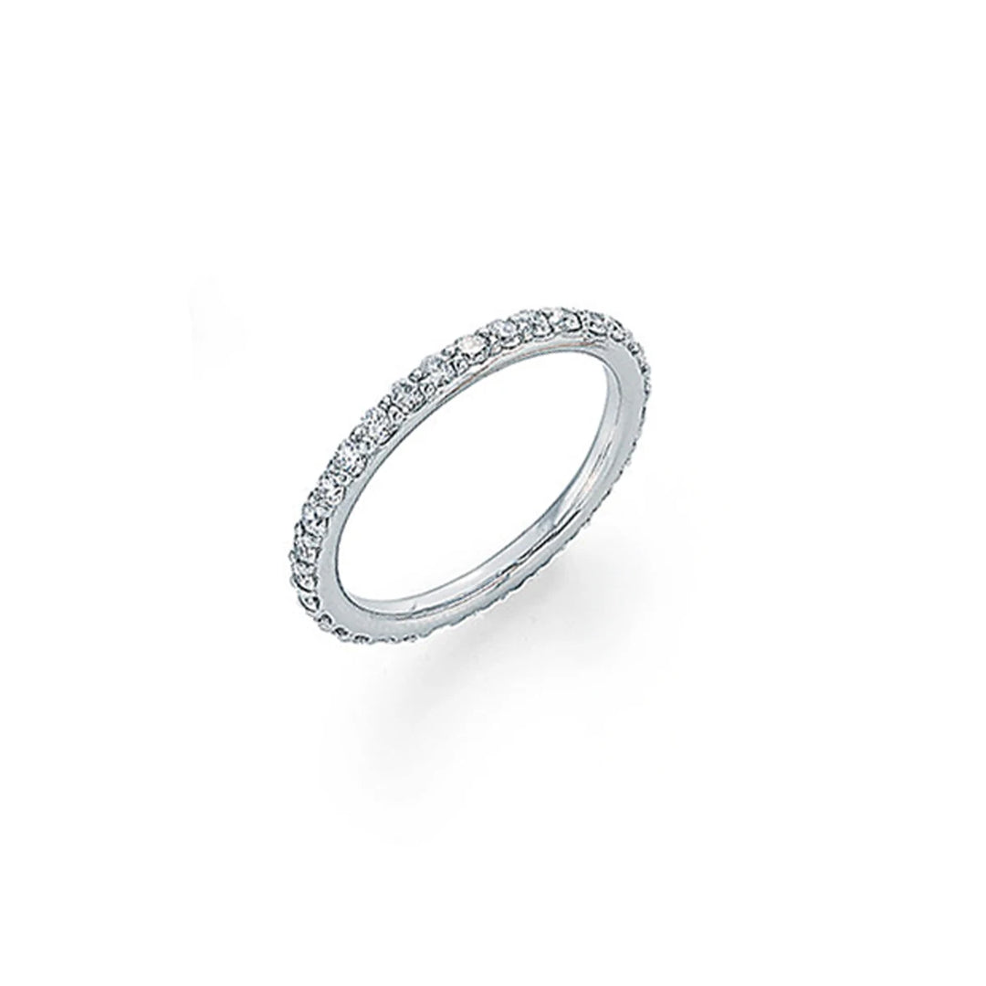 D-bead white gold diamond eternity band with delicate beaded edges, elegant stackable wedding ring