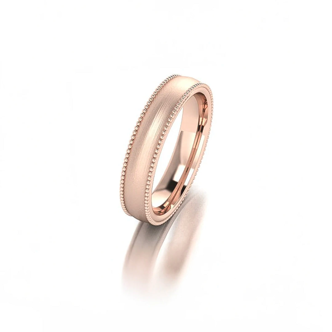 Domed rope edge men's wedding band with brushed center and beaded rows in gold or platinum, comfort fit Chicago jewelry