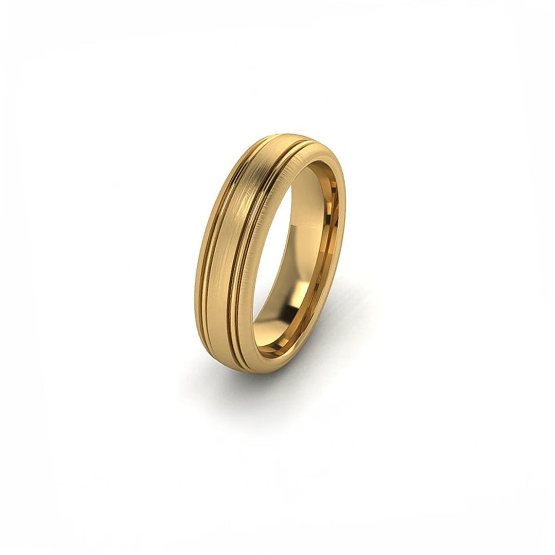 Double Line Edge men's wedding band with twin carved edge lines, custom gold or platinum, minimalist Chicago jewelry