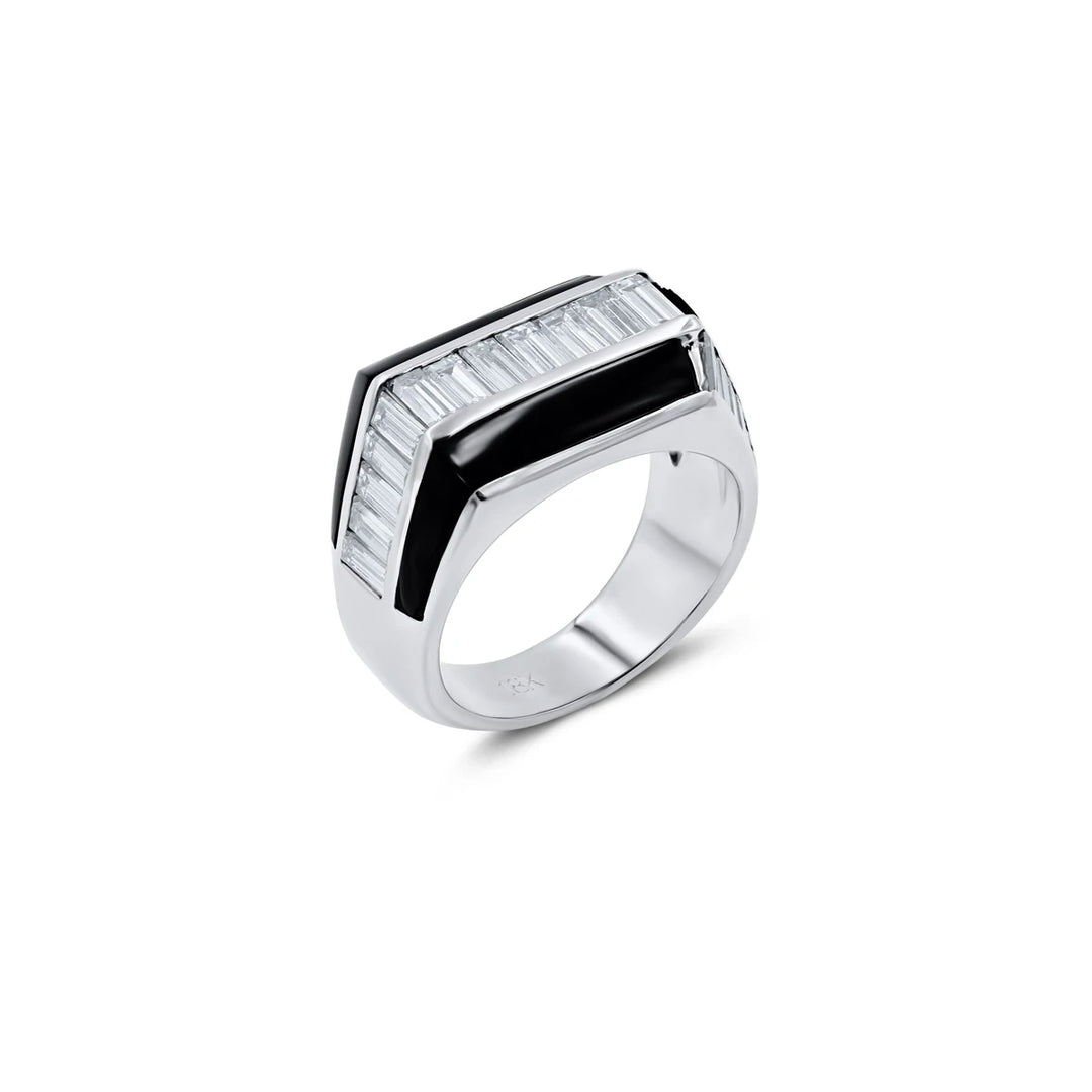 Gents 18k white gold ring with baguette diamonds and black onyx, channel set, soft square top, modern luxury, Chicago