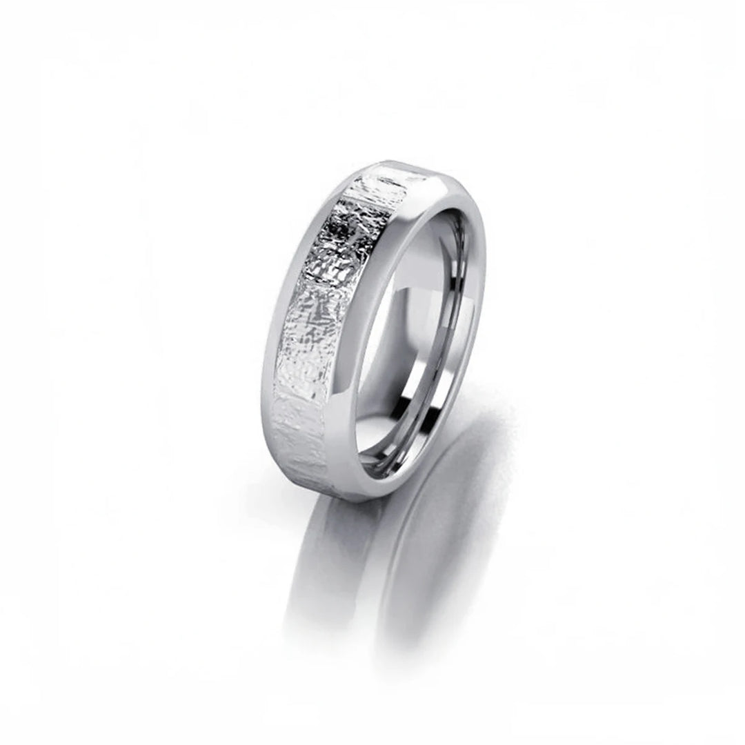 Hammered center men’s wedding band with beveled edge in 18k gold or platinum, bright finish, rugged yet refined style.