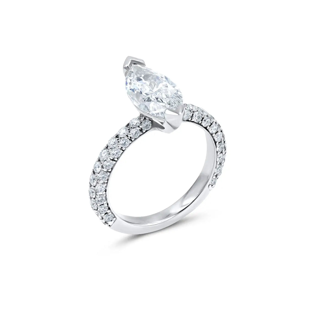 2.04ct marquise diamond pavé band engagement ring in platinum with V-tip prongs by Chicago jeweler Lester Lampert