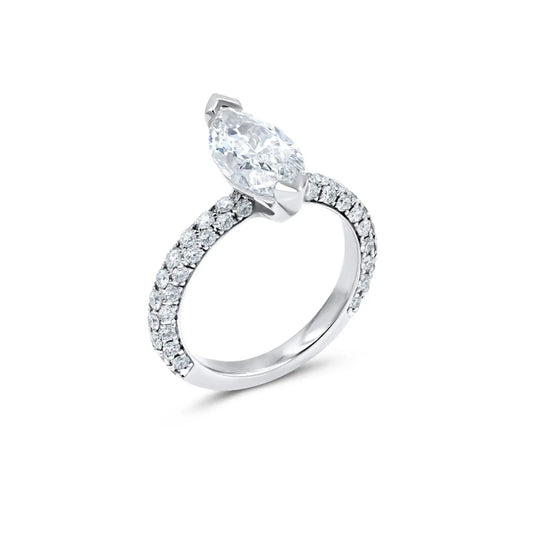 2.04ct marquise diamond pavé band engagement ring in platinum with V-tip prongs by Chicago jeweler Lester Lampert