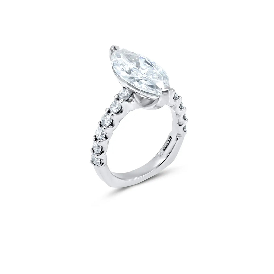Platinum SkaLLop natural marquise diamond engagement ring with cascading round diamonds by Chicago jeweler Lester Lampert