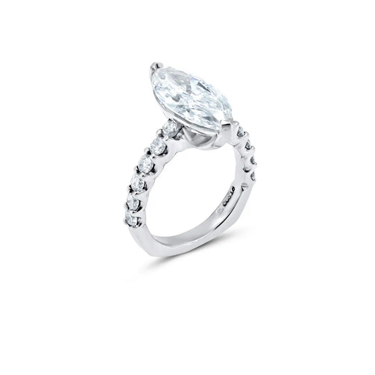 Platinum SkaLLop natural marquise diamond engagement ring with cascading round diamonds by Chicago jeweler Lester Lampert