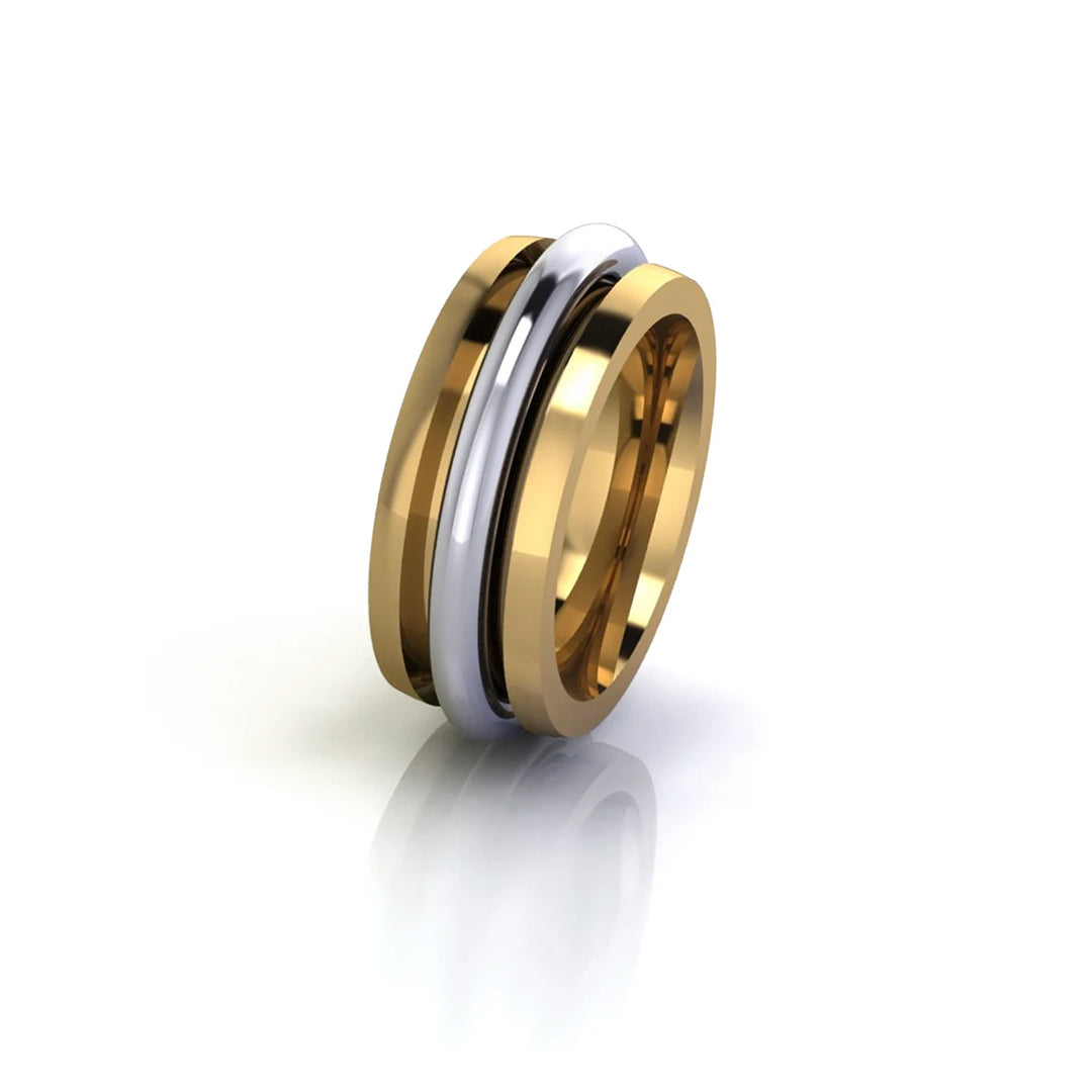 Men's spinner wedding band with rotating center, 18k gold or platinum, artisan-crafted Chicago jewelry.
