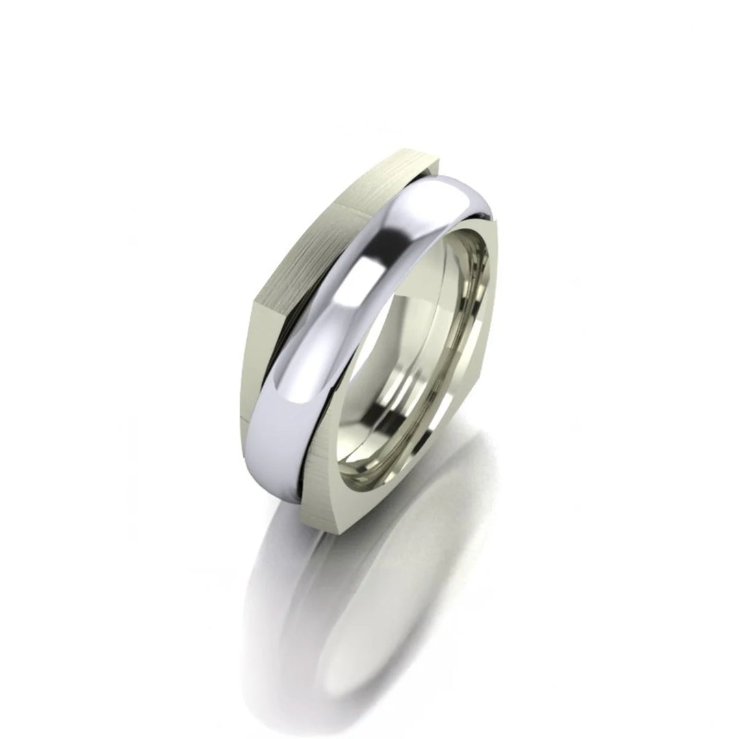 Men's spinning square wedding band - sleek 18k gold or platinum design from Chicago jeweler; modern, calming spinner ring.