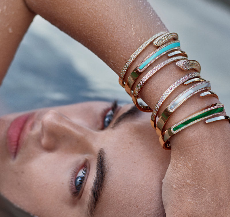 Model adorned with Crivelli diamond bracelets, exemplifying fine craftsmanship, available in Chicago.