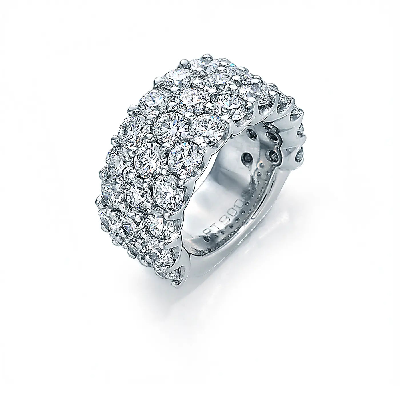 Platinum 3-row SkaLLop ideal cut diamond ring with soft square shank, Chicago fine jewelry