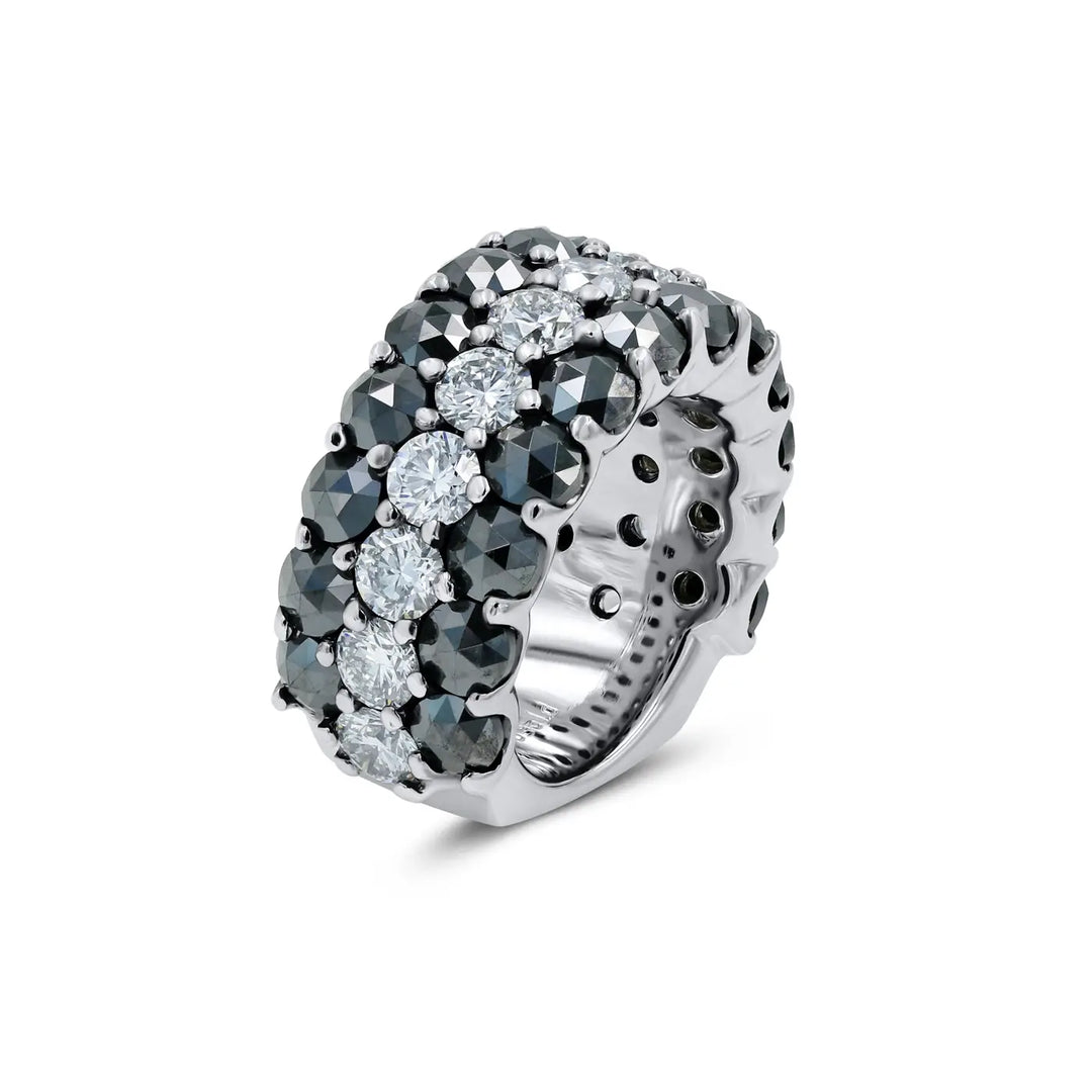 Platinum SkaLLop 3-Row ring with ideal-cut white diamonds and rose-cut black diamonds; bold, elegant contrast.