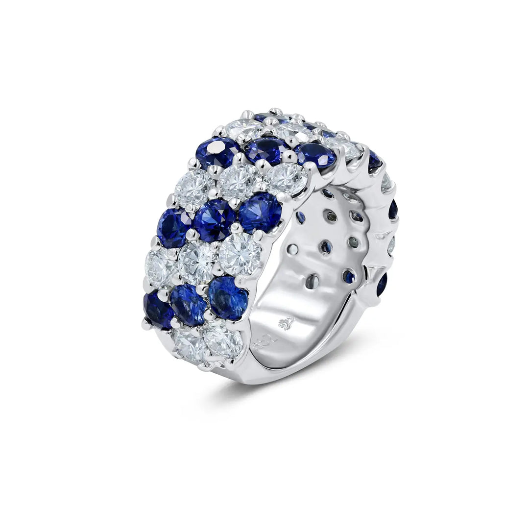 Platinum SkaLLop 3-Row sapphire and diamond ring with deep blue sapphires and ideal-cut diamonds in three shimmering rows