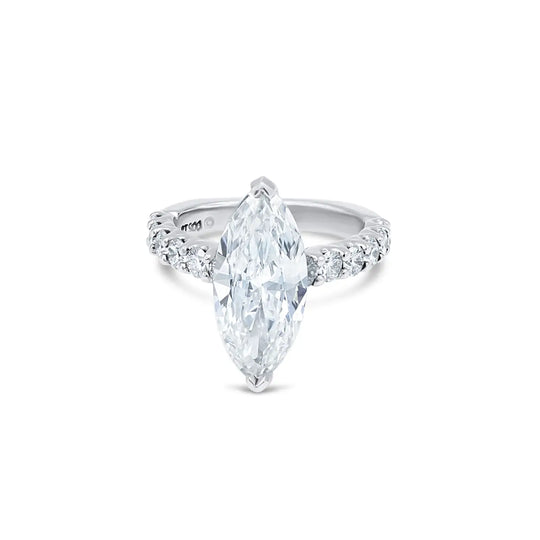 Skallop marquise diamond engagement ring by Lester Lampert, elegant marquise-cut center with scalloped setting