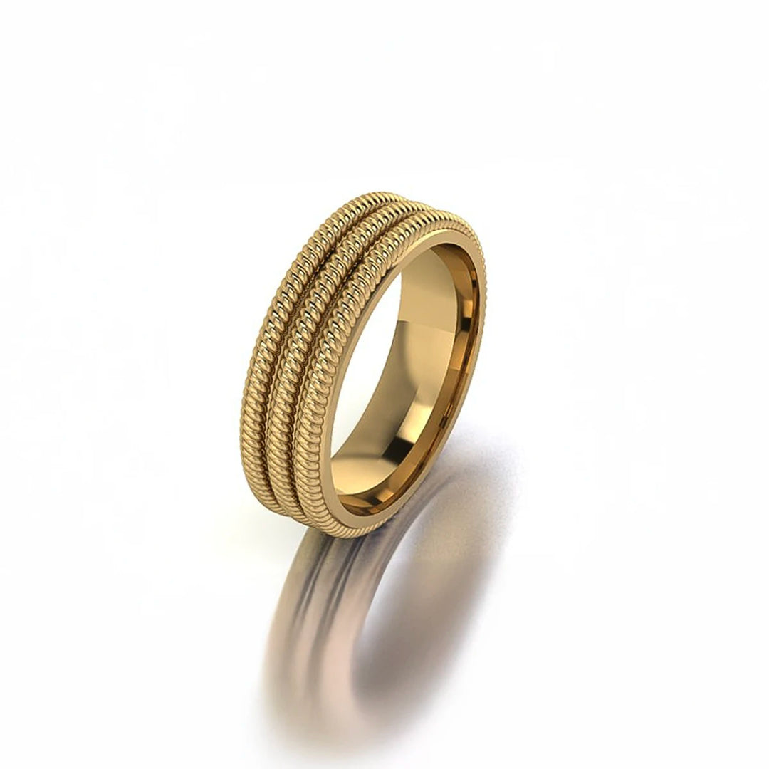 Triple Rope men's wedding band with three hand-carved rope bands, polished gold or platinum, comfort fit, Chicago.