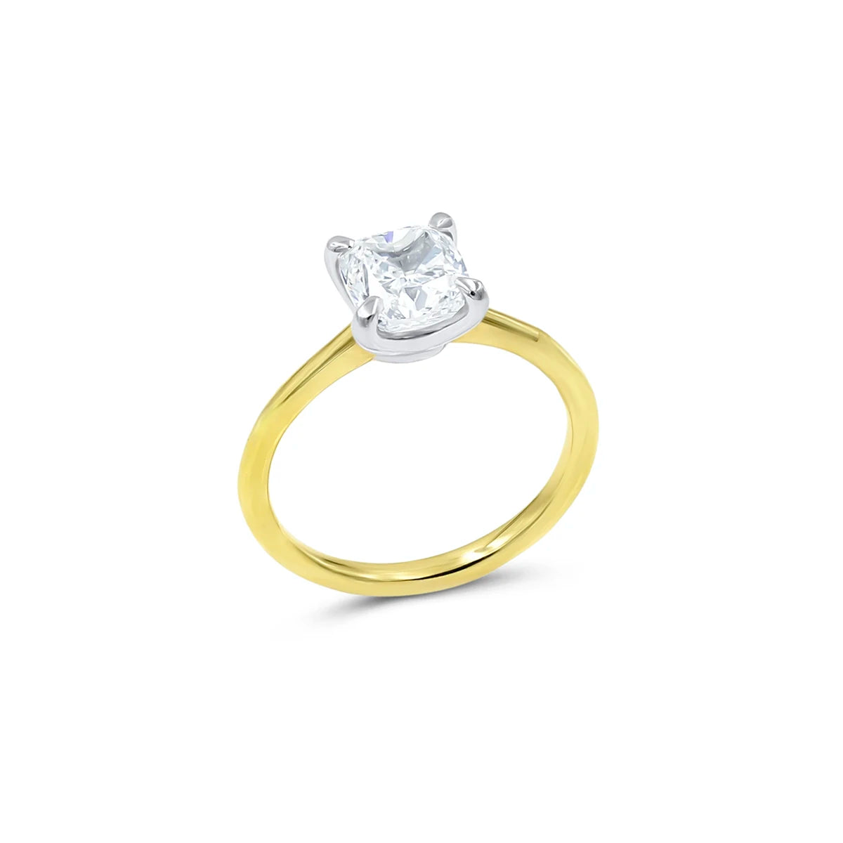Two-tone diamond engagement ring by Chicago jeweler in 18k yellow gold with platinum prongs, cushion cut F VS2 GIA 1.85ct