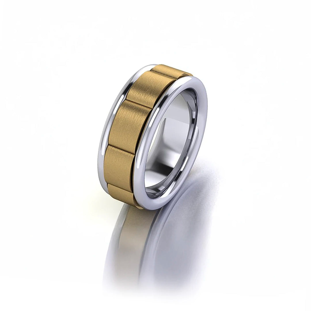 Two-tone gold sectioned men's wedding band with polished band and ribbon-style center inlay, modern Chicago jewelry