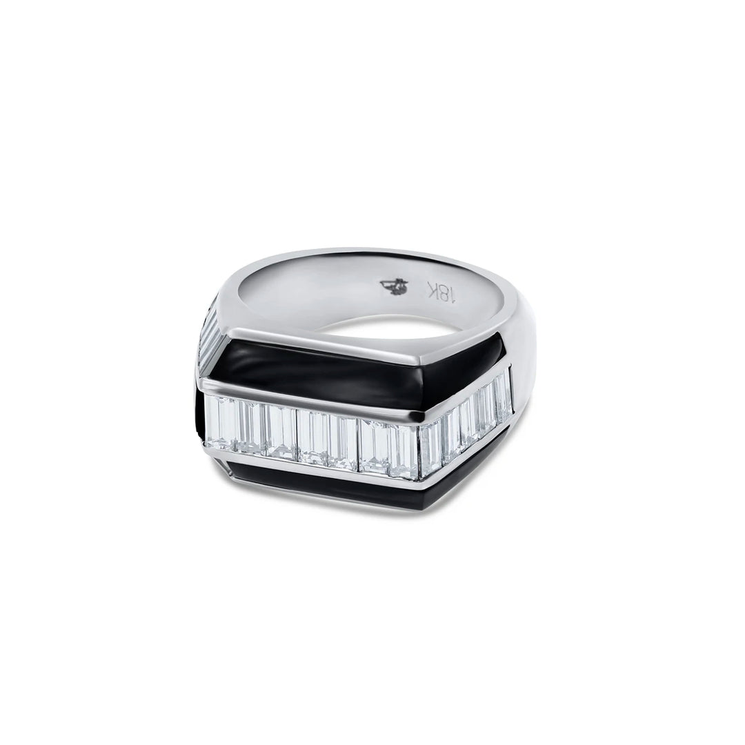 Unique men's diamond black onyx ring in white gold, Chicago style