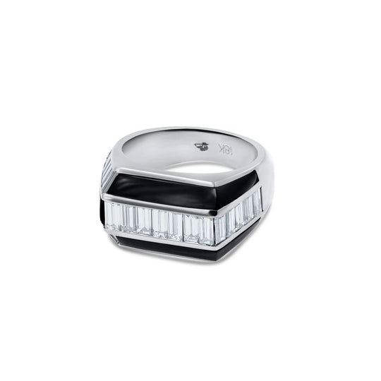 Unique men's diamond black onyx ring in white gold, Chicago style