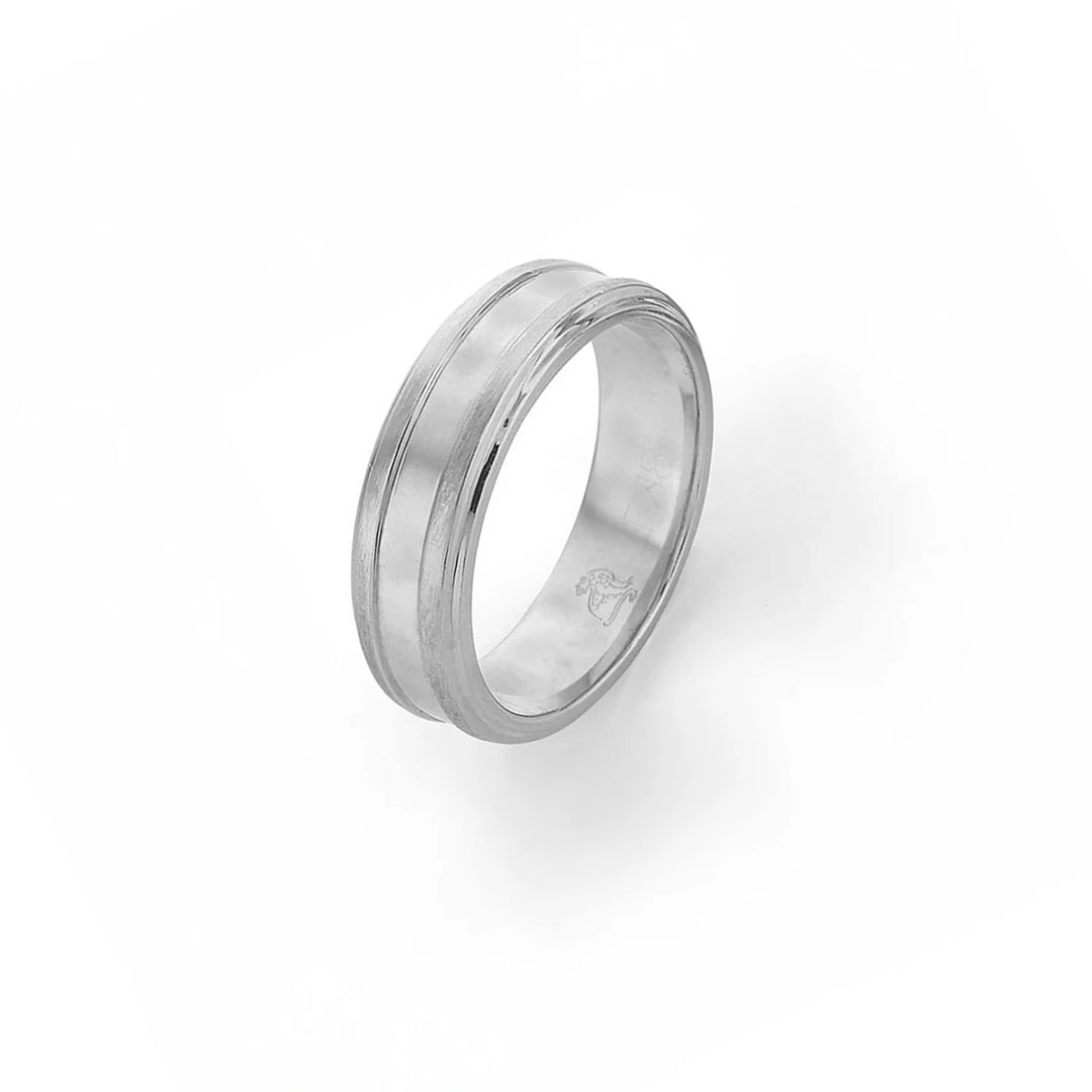 Wide channel-cut men's wedding band in solid gold or platinum, modern carved center groove – Chicago jewelry