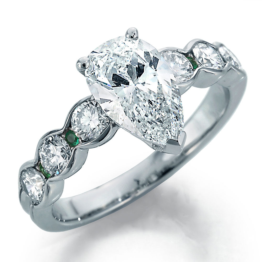 Image of Pear Shape Center with Round Diamonds and Emeralds Engagement Ring