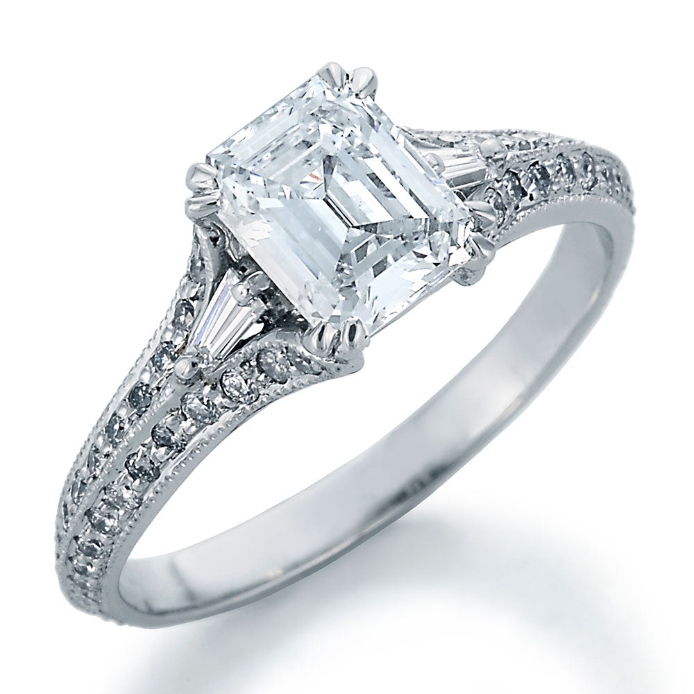 Image of Emerald Cut Center Diamond with Round and Baguette Cut Accent Diamonds Engagement Ring