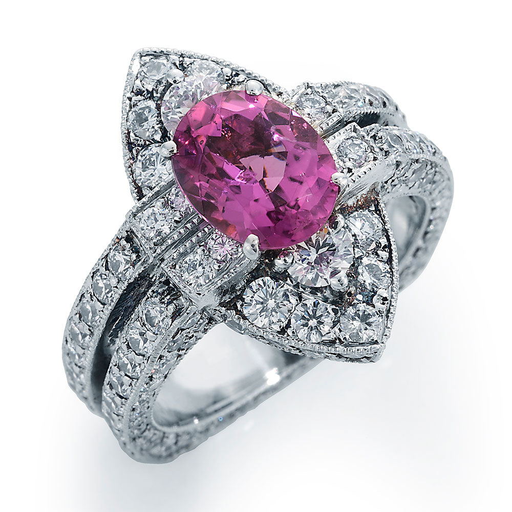 Image of Marquise Cut Mozambique Tourmaline Center with Ideal Cut Round Diamonds and Milgrain Edge Ring