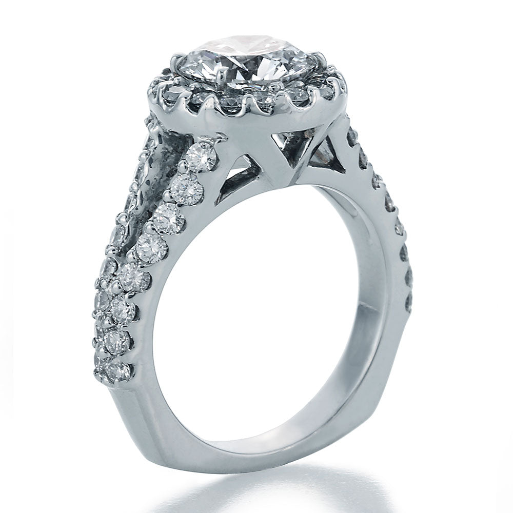 Side View Image of Round Center Diamond in Halo Style Setting with Ideal Cut Round Diamonds and Split Shank Engagement Ring