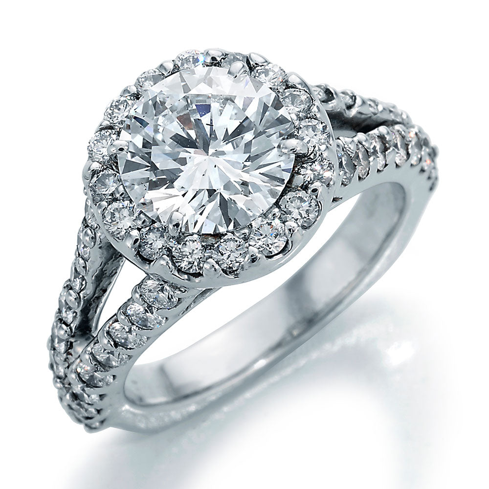 Image of Round Center Diamond in Halo Style Setting with Ideal Cut Round Diamonds and Split Shank Engagement Ring