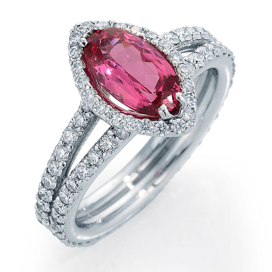 Image of Oval Pink Spinel and Ideal Cut Round Accent Diamonds on Split Shank Ring