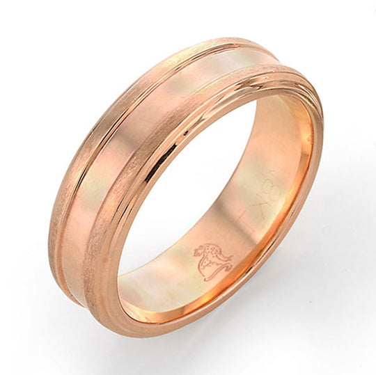 Rose gold wide channel-cut men's wedding band by Lester Lampert
