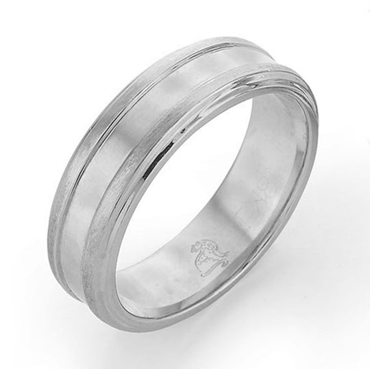 Lester Lampert white gold and platinum wide channel-set men's wedding band, modern polished finish, elegant comfort fit