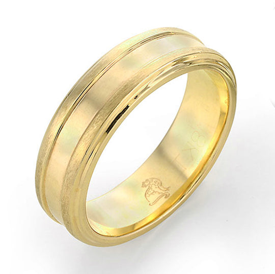 Yellow gold wide channel-cut men's wedding band ring by Lester Lampert