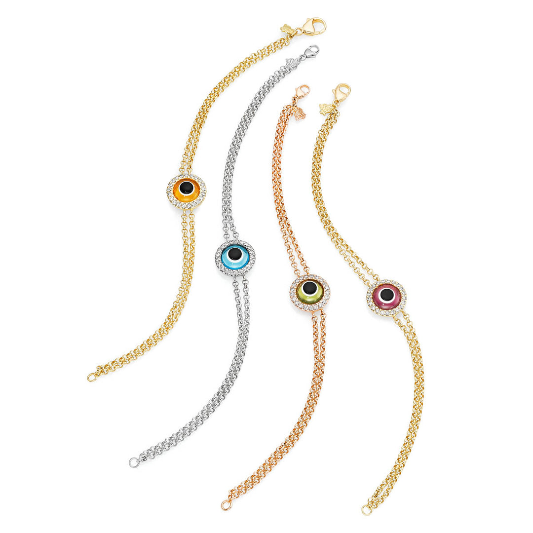 Eye of the Leopard 18K gold lucky eye bracelets with diamond halos and customizable gemstone eyes in yellow, white, rose.