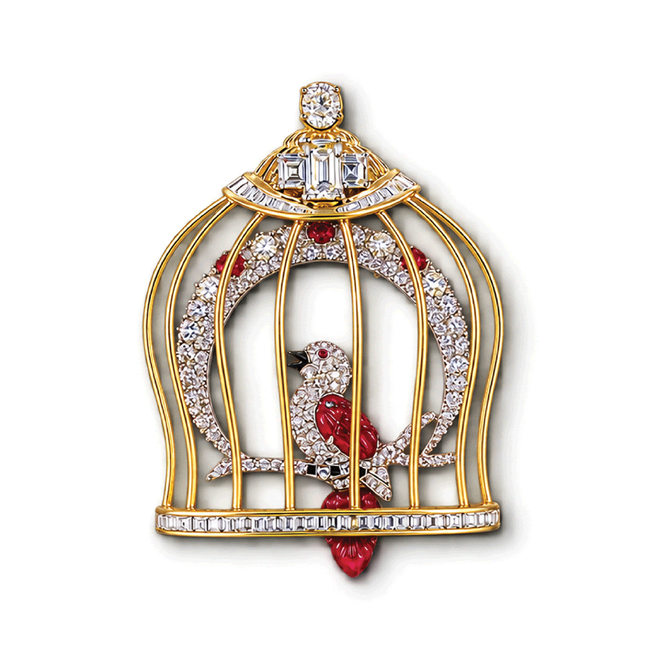 Animation of a gold and diamond birdcage brooch with a diamond and ruby bird perched inside