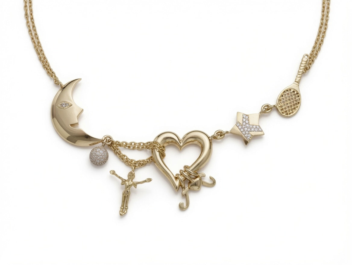 Gold necklace hung with a moon, heart, star, tennis racket and other charms