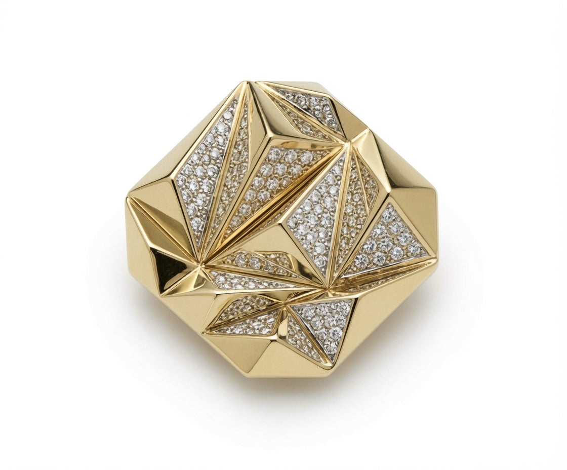 Faceted gold ring with diamond-set triangular planes