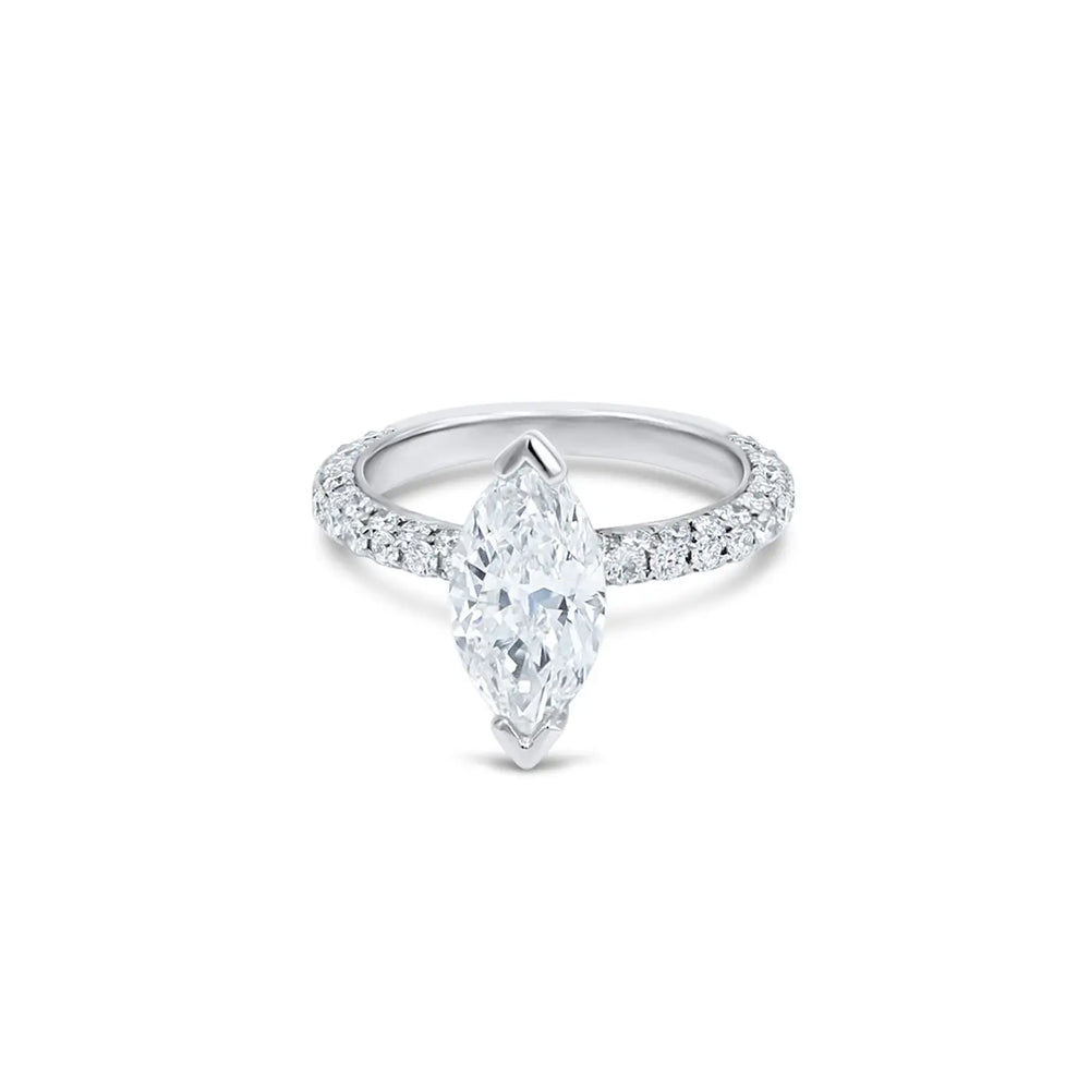 Custom marquise diamond pavé engagement ring with delicate pavé band, handcrafted elegance and brilliant sparkle