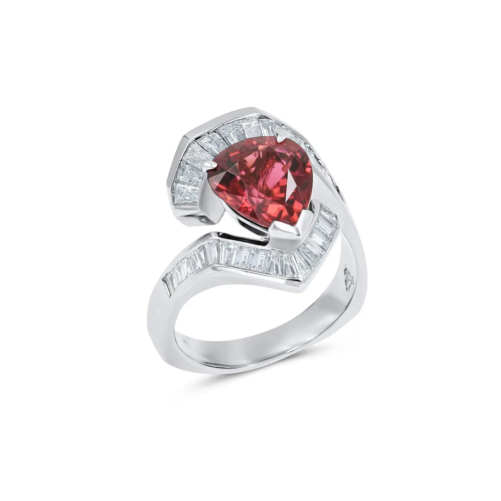 Custom pink tourmaline and diamond ring by Lester Lampert, romantic fine jewelry with a vivid gemstone centerpiece.