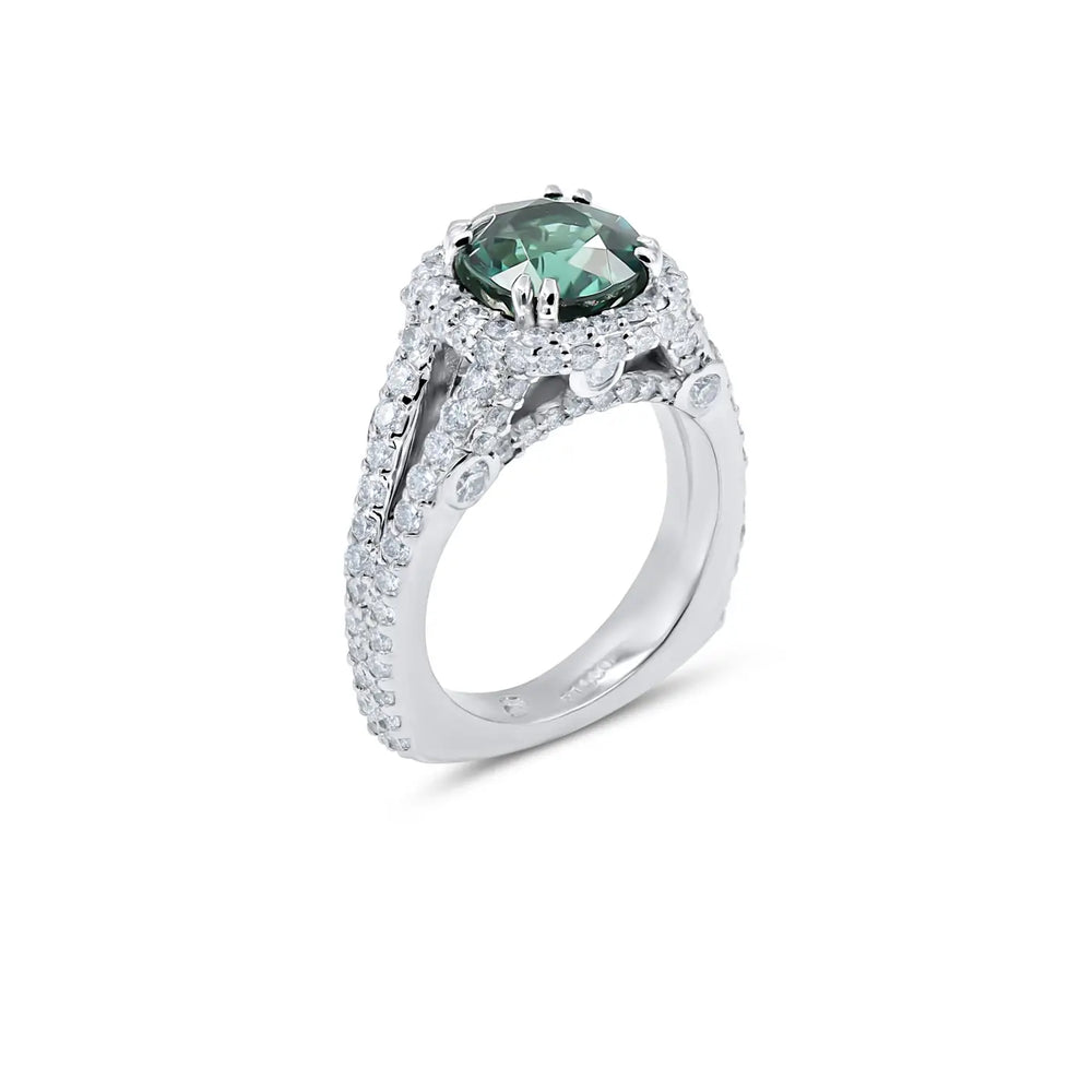 Custom platinum tourmaline and diamond ring from Chicago jeweler, elegant modern design