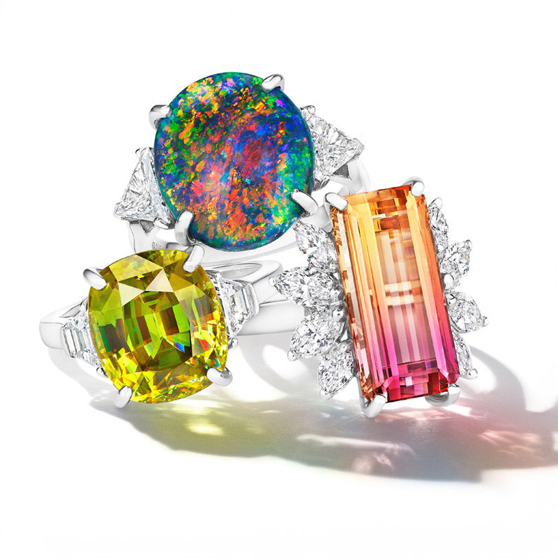 Oscar Heyman's fine diamond, gemstone, and gold ring stack, available in Chicago's luxury jewelry collection