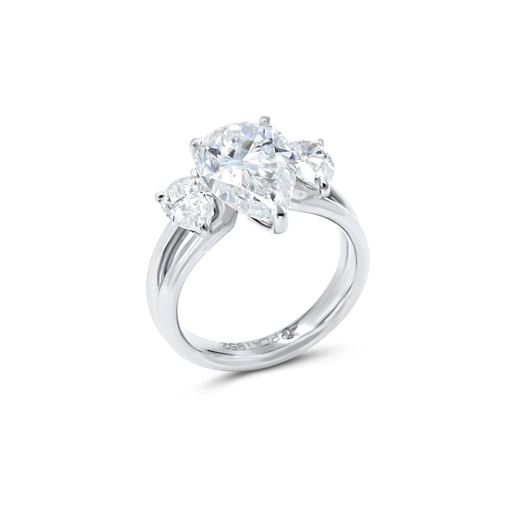 Platinum three stone pear shape diamond engagement ring, 3.71ct E VS2 center, pear side stones, split band, Chicago jewelry